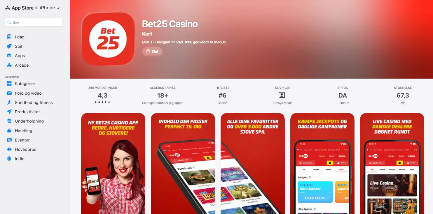 Bet25 Casino-applikation i den danske App Store
