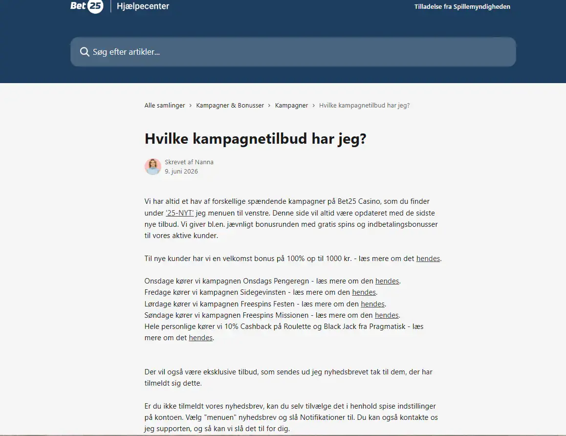 Bet25s aktuelle oversigt over casino-kampagner.