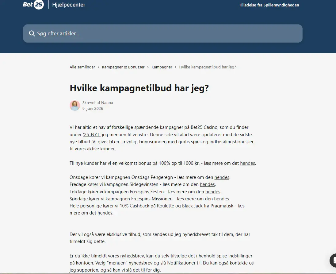 Bet25s aktuelle oversigt over casino-kampagner og velkomstbonus.