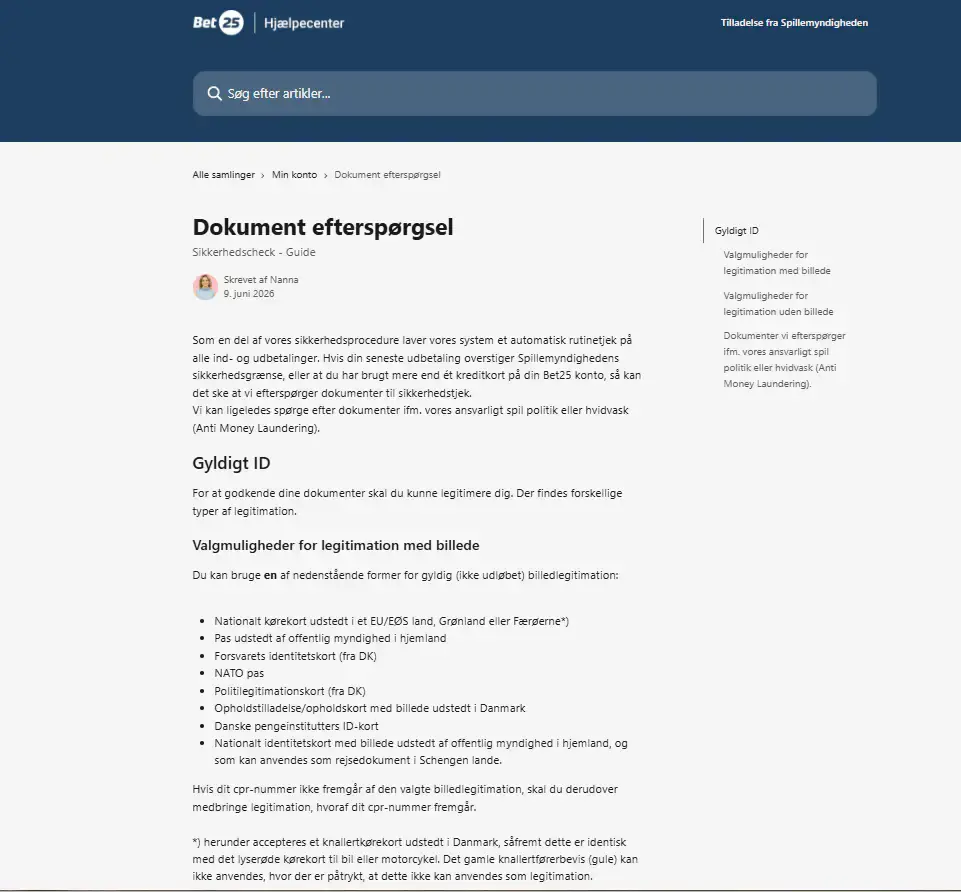 Bet25s officielle vejledning om dokumentkontrol.