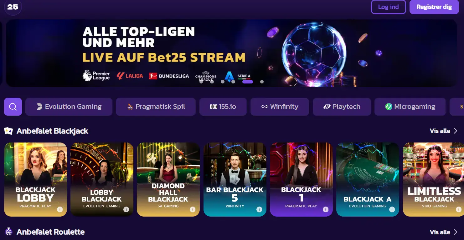 Bet25s officielle visning af kasino med spilværter.