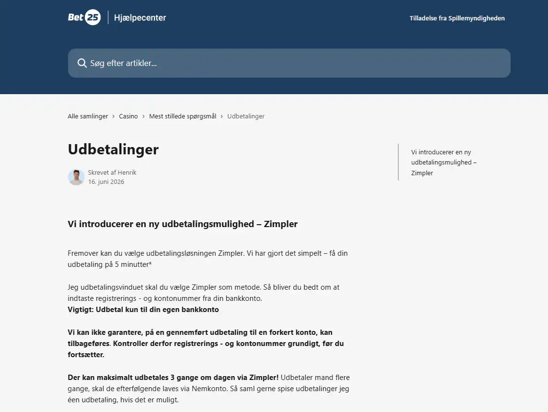Bet25s udbetalingsvejledning om Zimpler og NemKonto.
