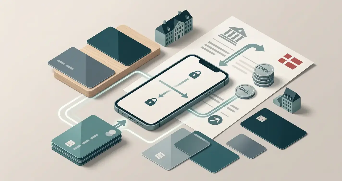 Illustration af danske betalingsveje med bankkonto, mobilbetaling og DKK